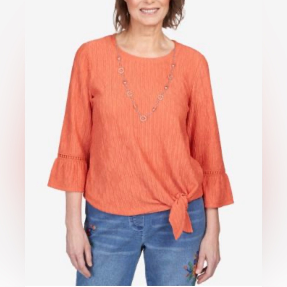 Alfred Dunner Tuscan Sunset Solid Testure Tie-Side 3/4 Bell Sleeve Blouse